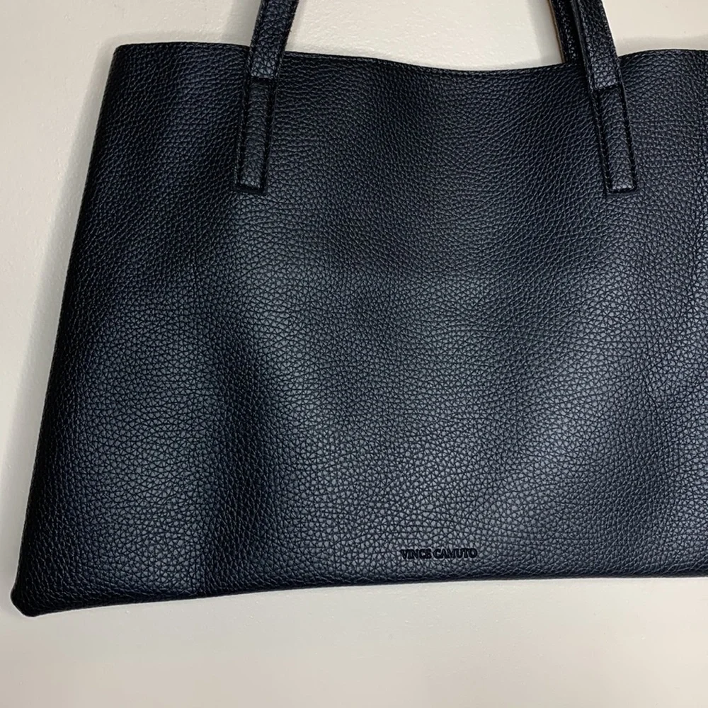 Vince Camuto | Black Leather Gray Stripe Shoulder Carry Tote Bag | Pebble Camuto